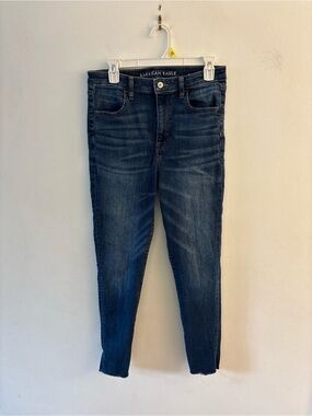 American Eagle Super High Rise Jeggings Crop Stretch Dark Blue Jeans, Size 12 R